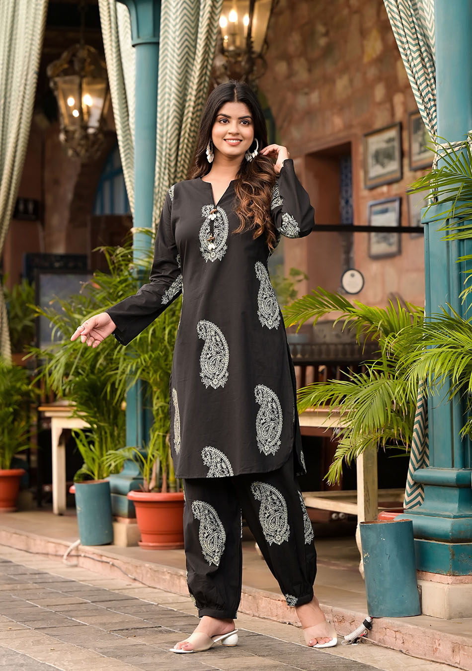 Black Cotton Straight Kurta with Cuffed Hem Pant Set