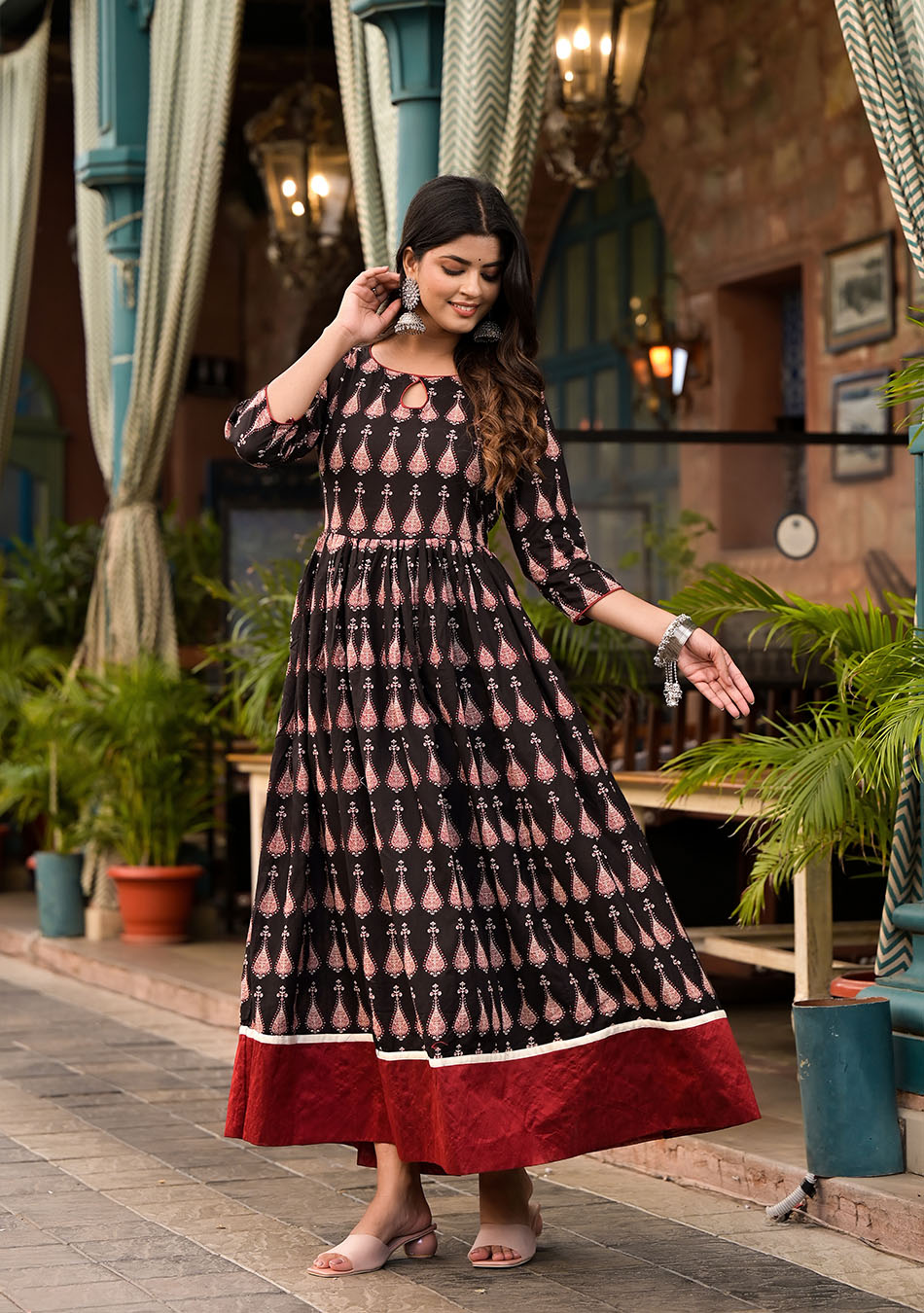Midnight - Red Cotton Floor Length Anarkali Kurta