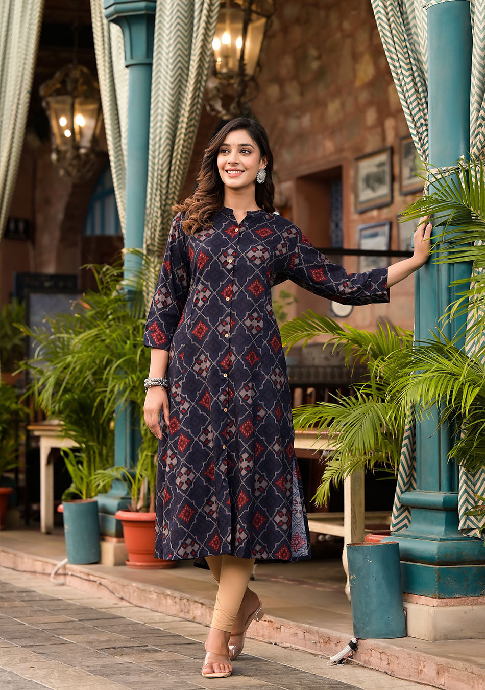 Dark Blue A-Line Printed Rayon Kurta