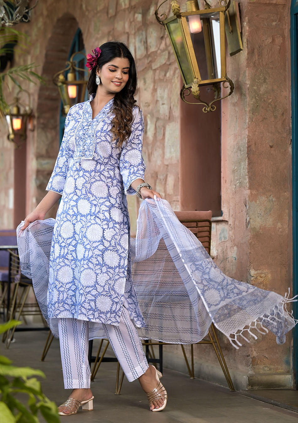 Sky Blue Hand Block Printed Kurta Pant Set with Dupatta