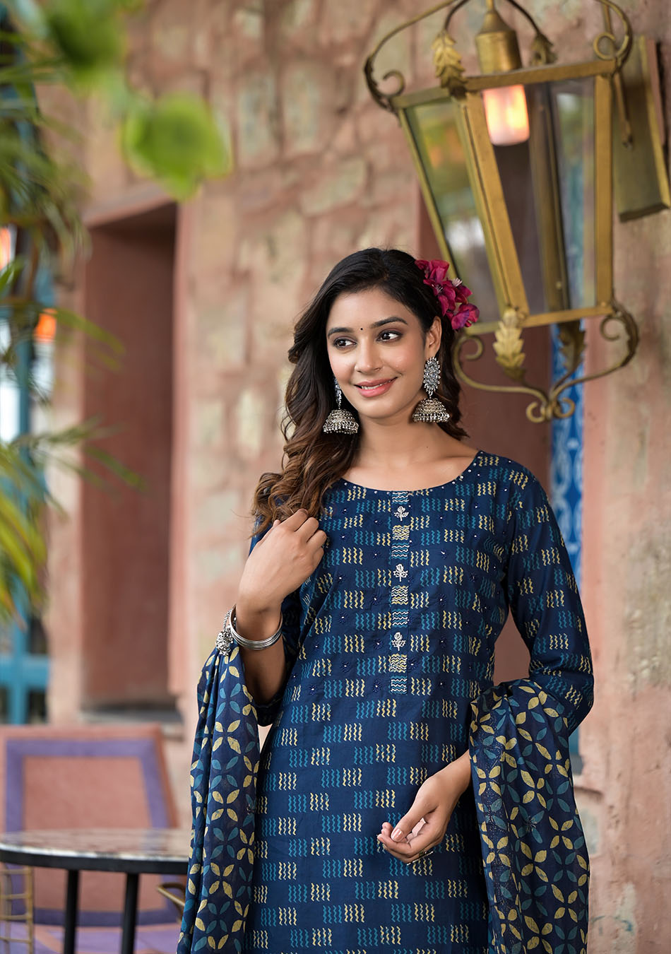 Indigo Kurta Set With Palazzo and Dupatta