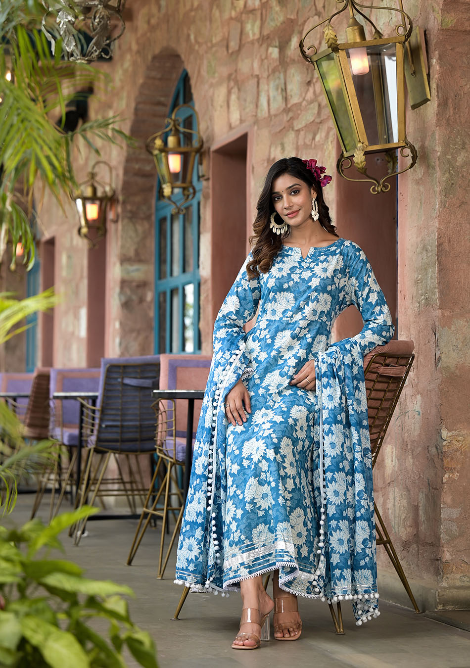 Floral Blue Anarkali Suit with Dupatta