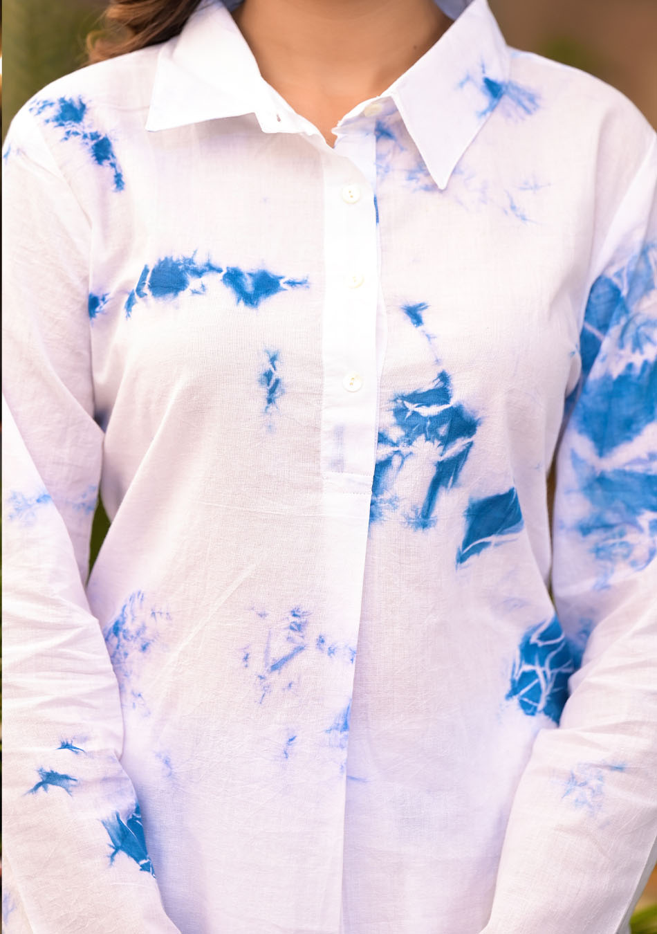 Blue and White Tie-Dye Pattern Kurta with Cuffed Pant Set