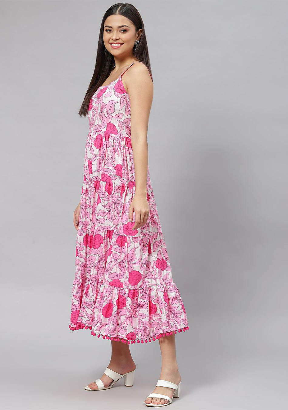 White & Pink Floral Shoulder Strip Long Dress