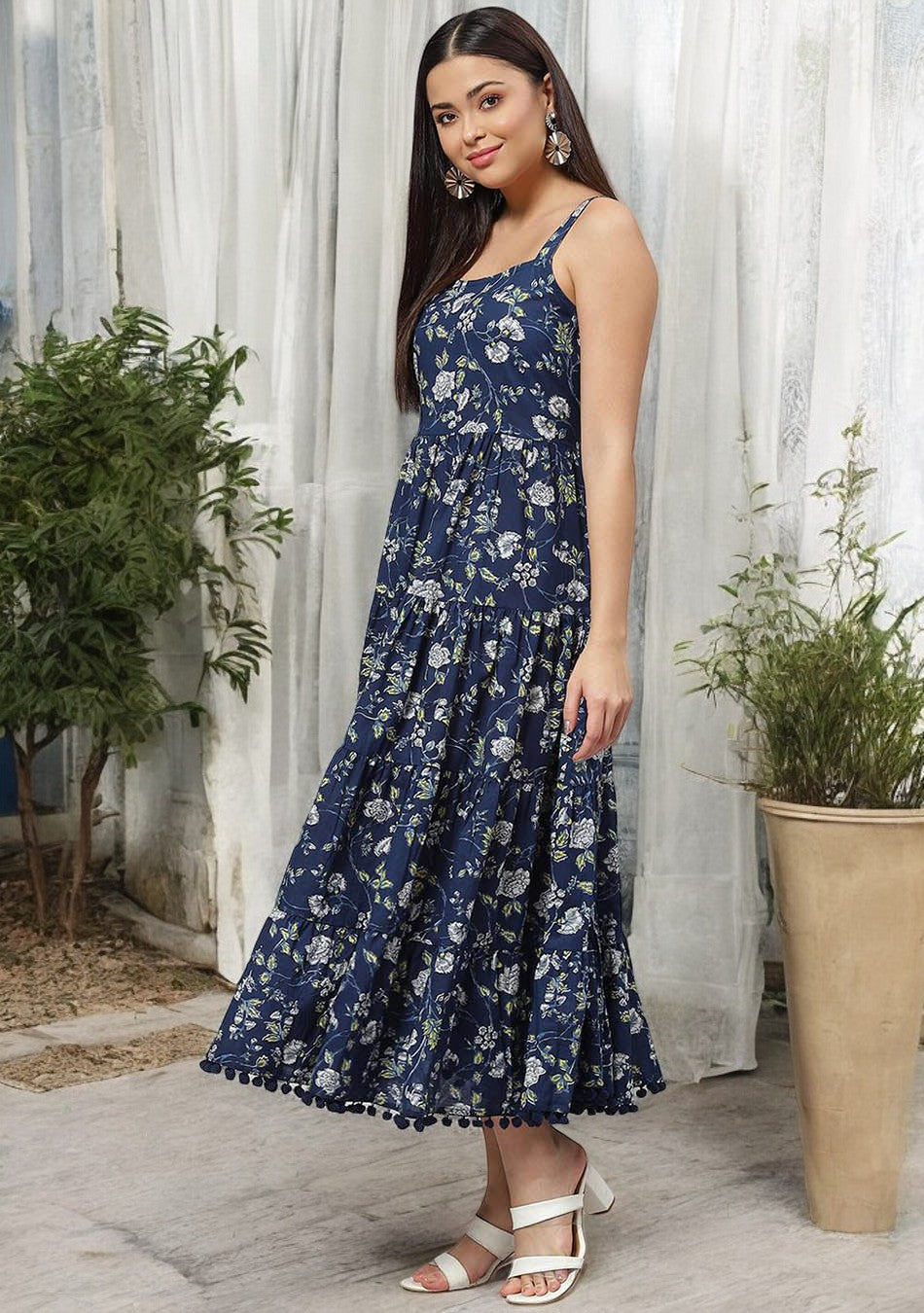 Blue Floral Shoulder Strip Long Dress