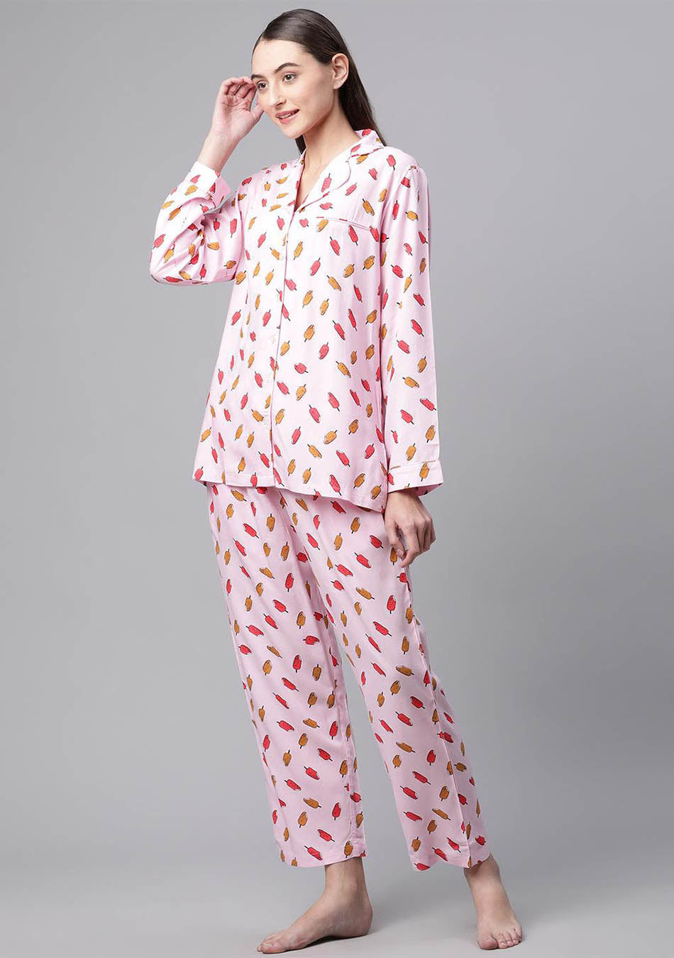 Light Pink Rayon Printed Night suit
