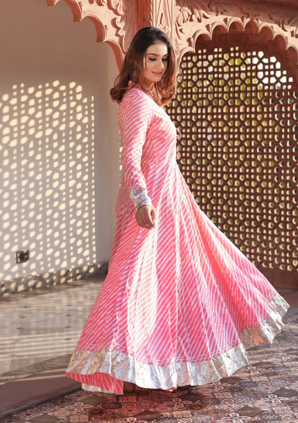 Pink Leheriya Cotton Anarkali With Copper Lace