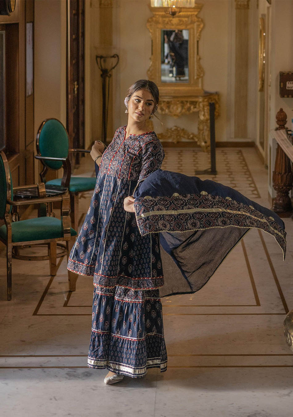 Women's Indigo Cotton Short Kurti Sharara Set With Dupatta - Noz2Toz