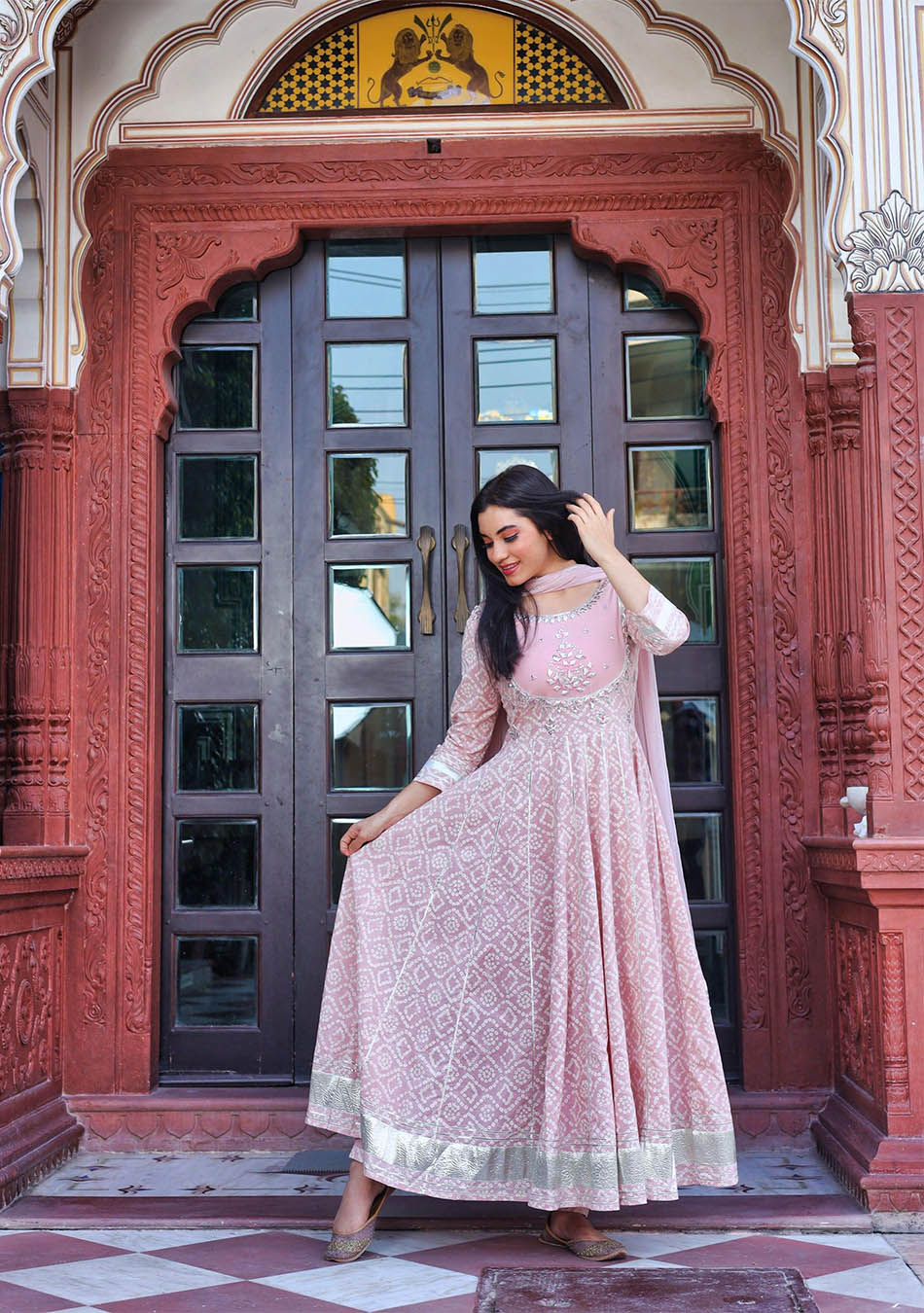 Light Pink Cotton Anarkali Kurta Pant Set with Net Dupatta