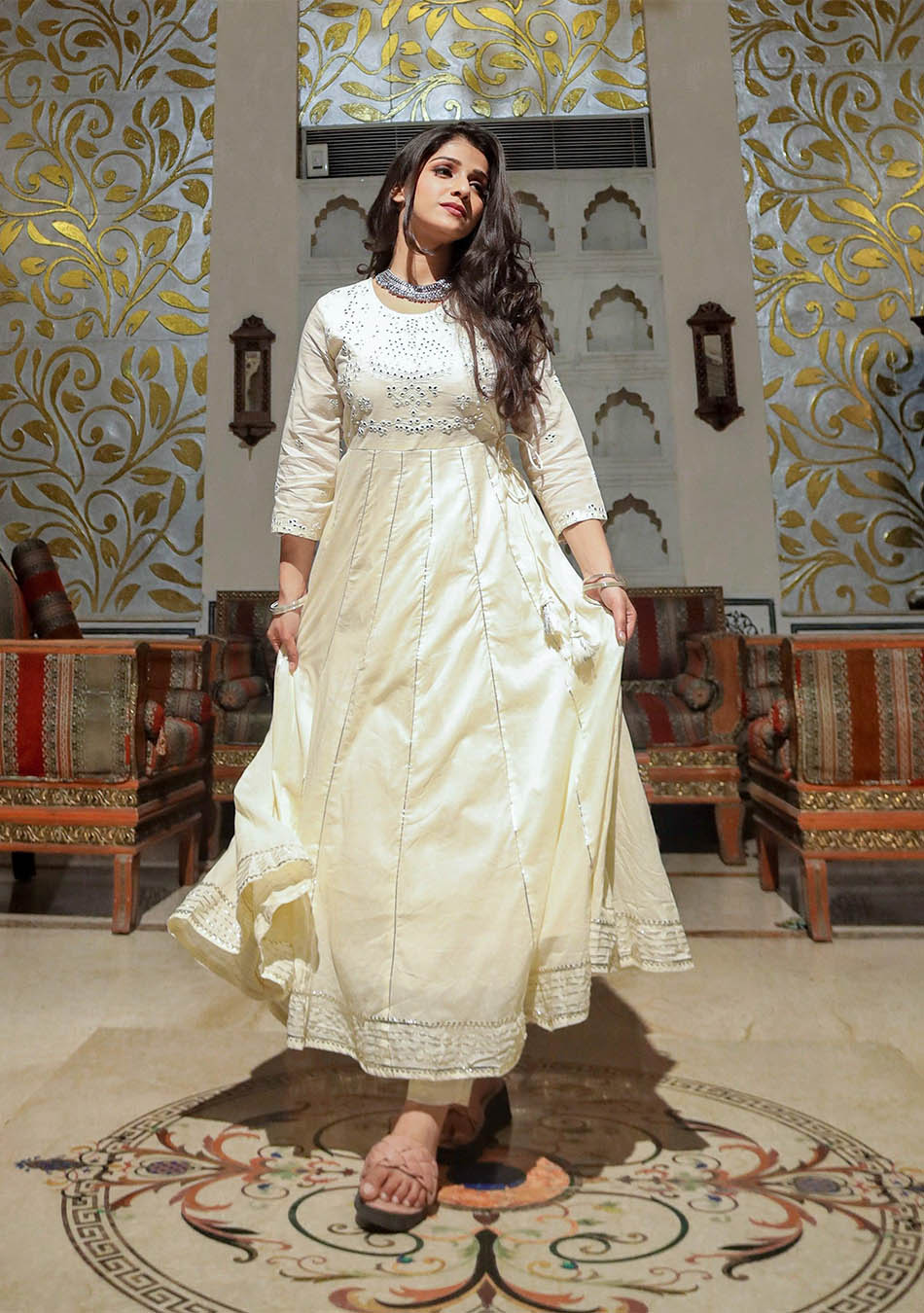 Off White Cotton Anarkali kurta Pant Set