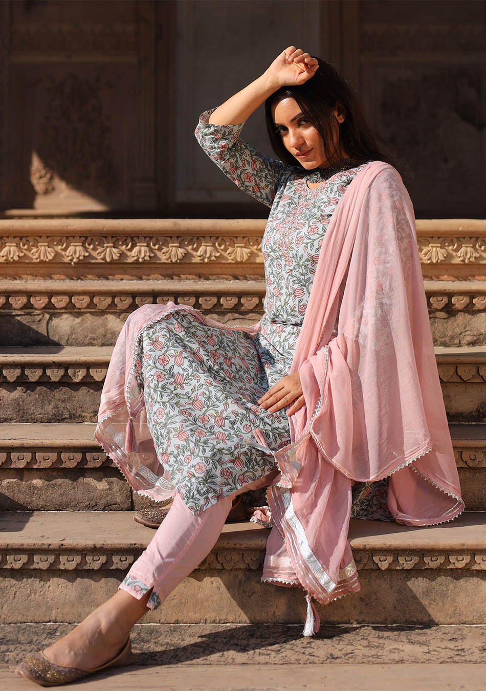 Pastel Blue Floral Straight Cotton Kurta Pant Set With Dupatta