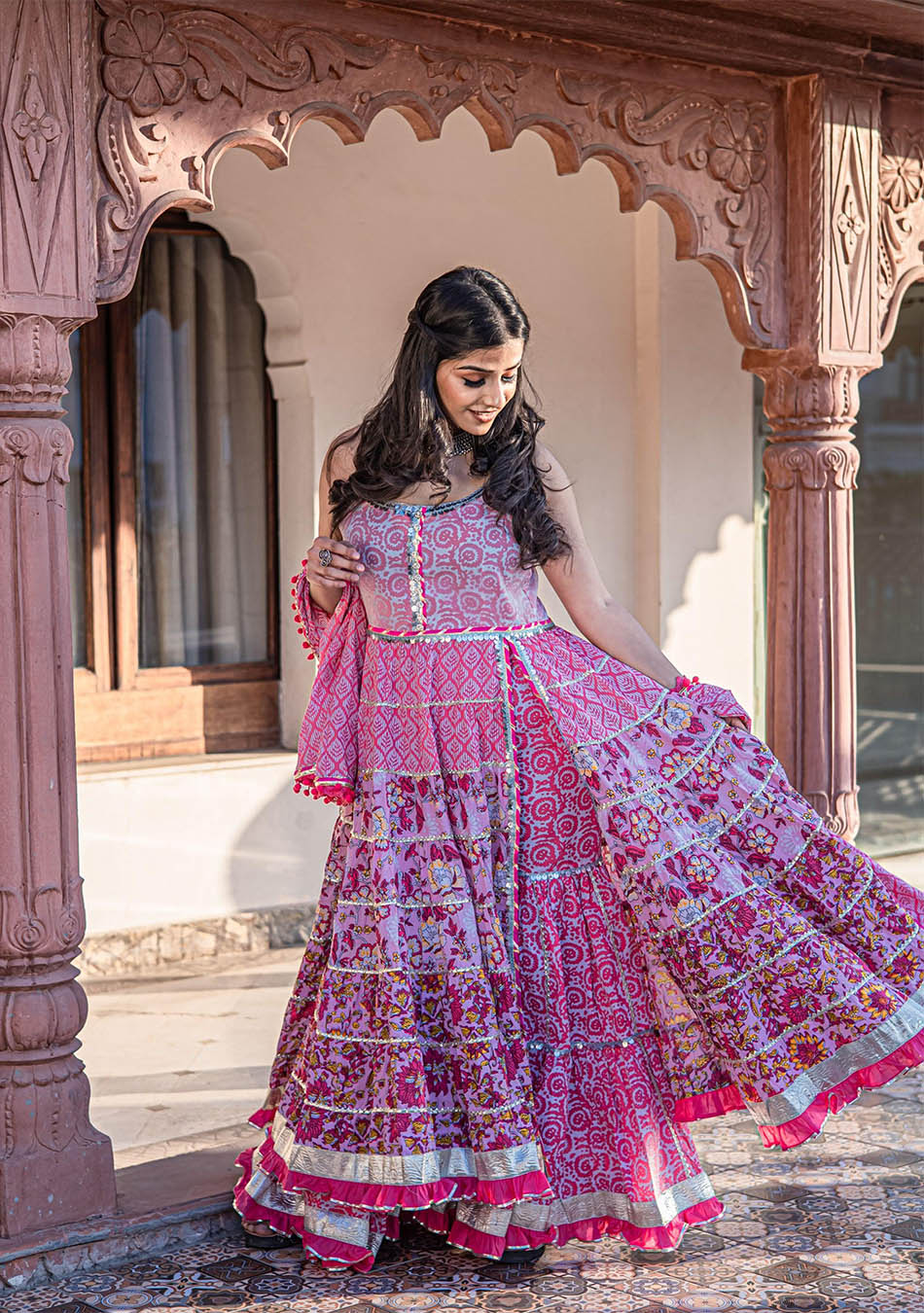Pink Cotton Sleeve less Anarkali Sharara Set With Dupatta