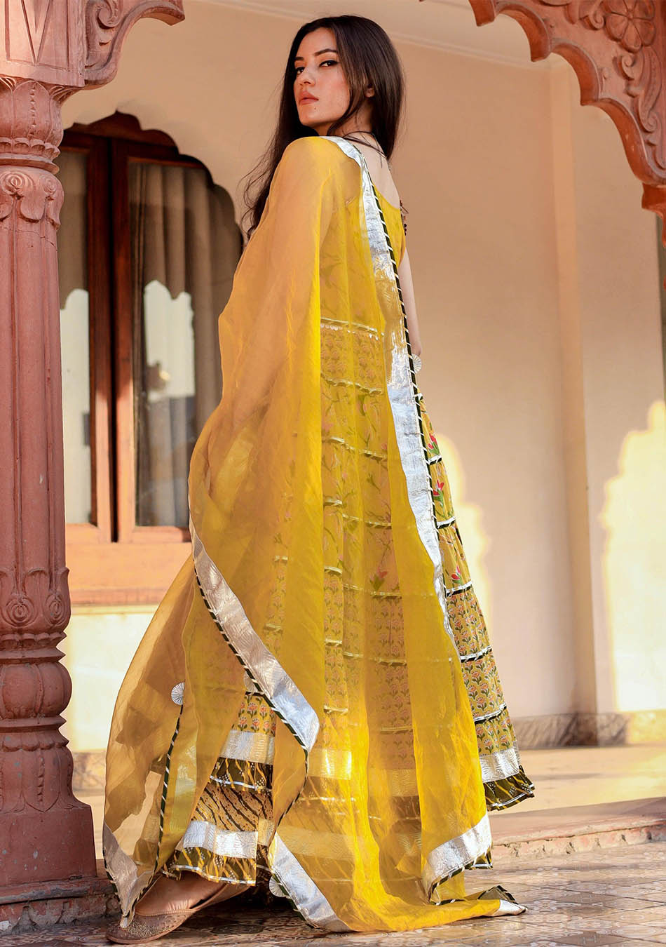 Yellow Cotton Sleeves Less Anarkali Skirt Set With Dupatta