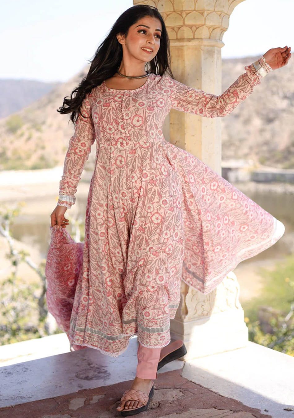 Baby Pink Cotton Anarkali Kurta Pant Set With Dupatta