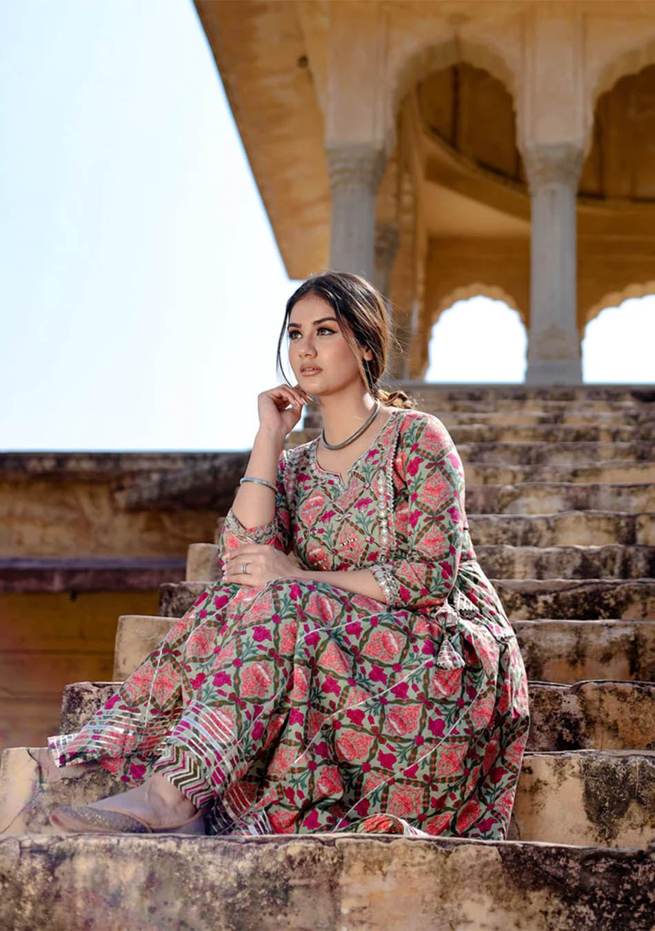 Green Floral Printed Anarkali Kurta Pant Sets