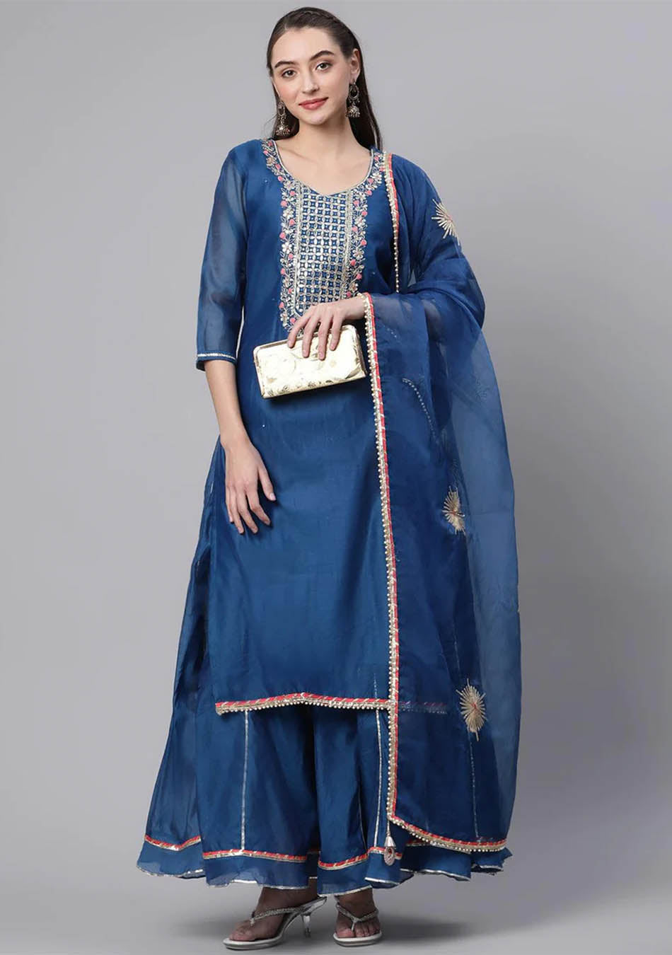 Blue Solid Chenderi Kurta Skirt Set with Dupatta