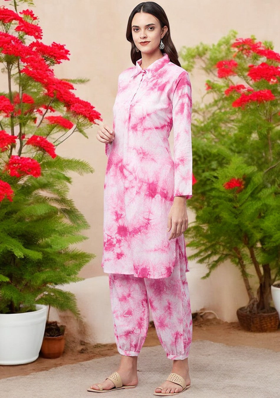 Pink Cotton Shirt-Style Kurta with Cuffed Pant Set
