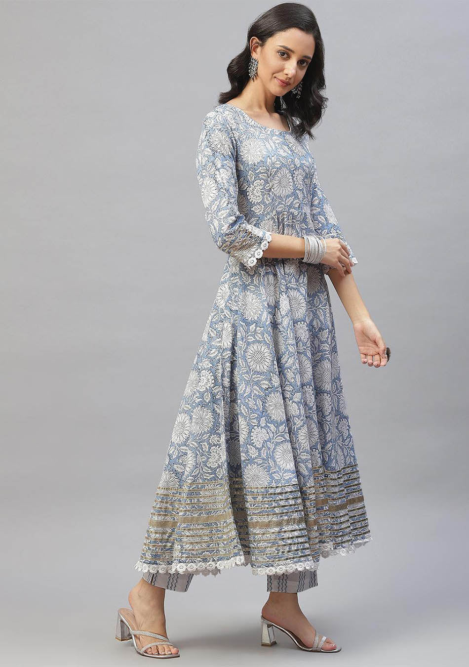 Sky blue Hand Block Printed Anarkali kurta Pant Set with Dupatta