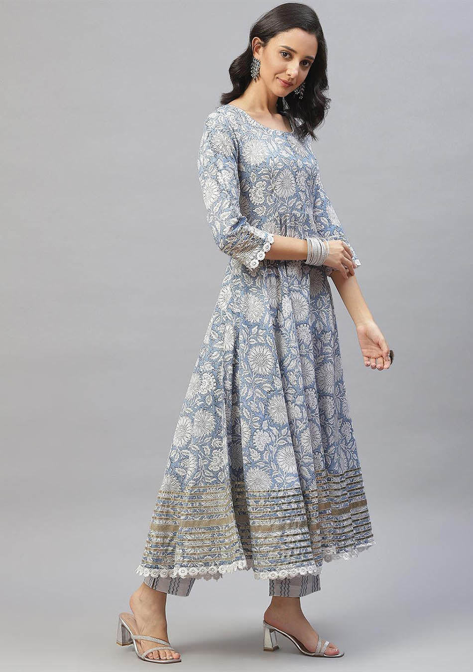 WHITE AND TURQUOISE HAND BLOCK PRINTED ANARKALI WITH DORIYA DUPATTA AND BOTTOMS