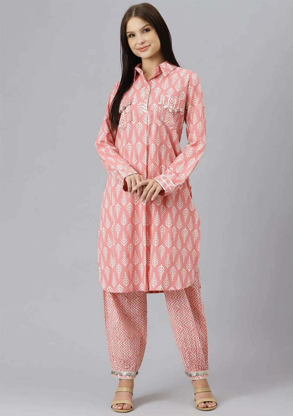 Pink Cotton Shirt Style Kurta Hem Cuffed Pant Co-ord Set