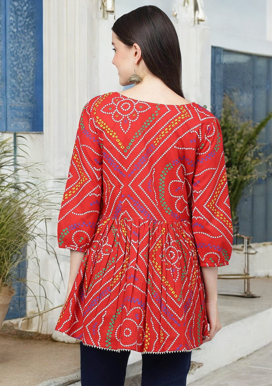 Red Bandhani Printed Cotton Peplum Top