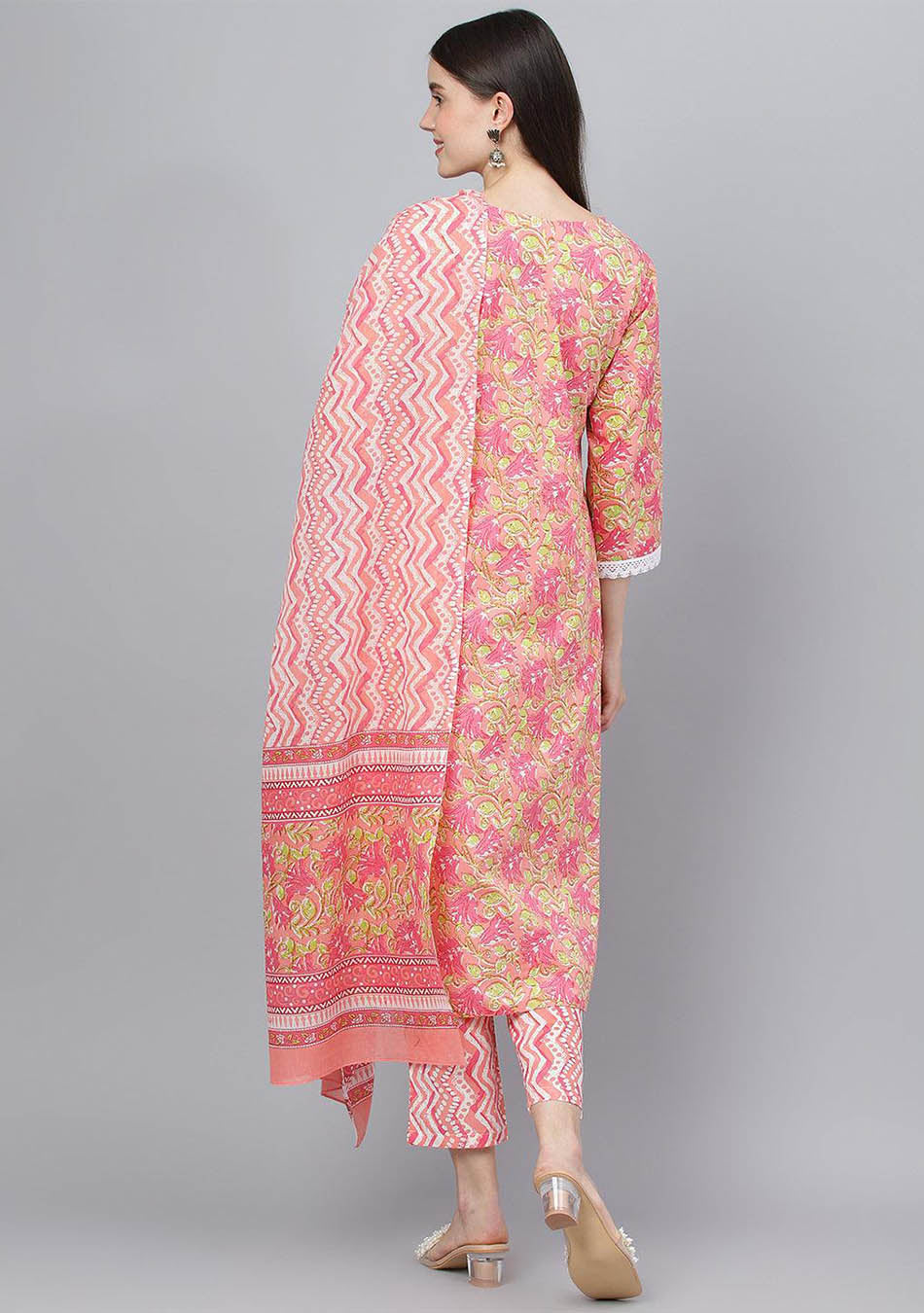 Peach Floral Printed Kurta Pant set With Dupatta