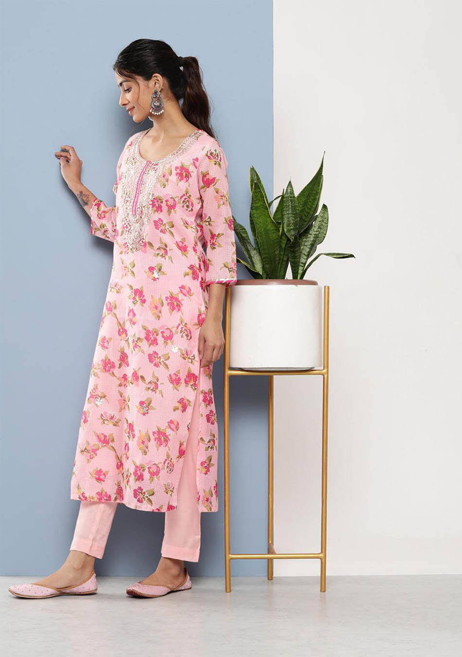 Pink Kota Doria Floral Printed Kurta Pant Dupatta Set
