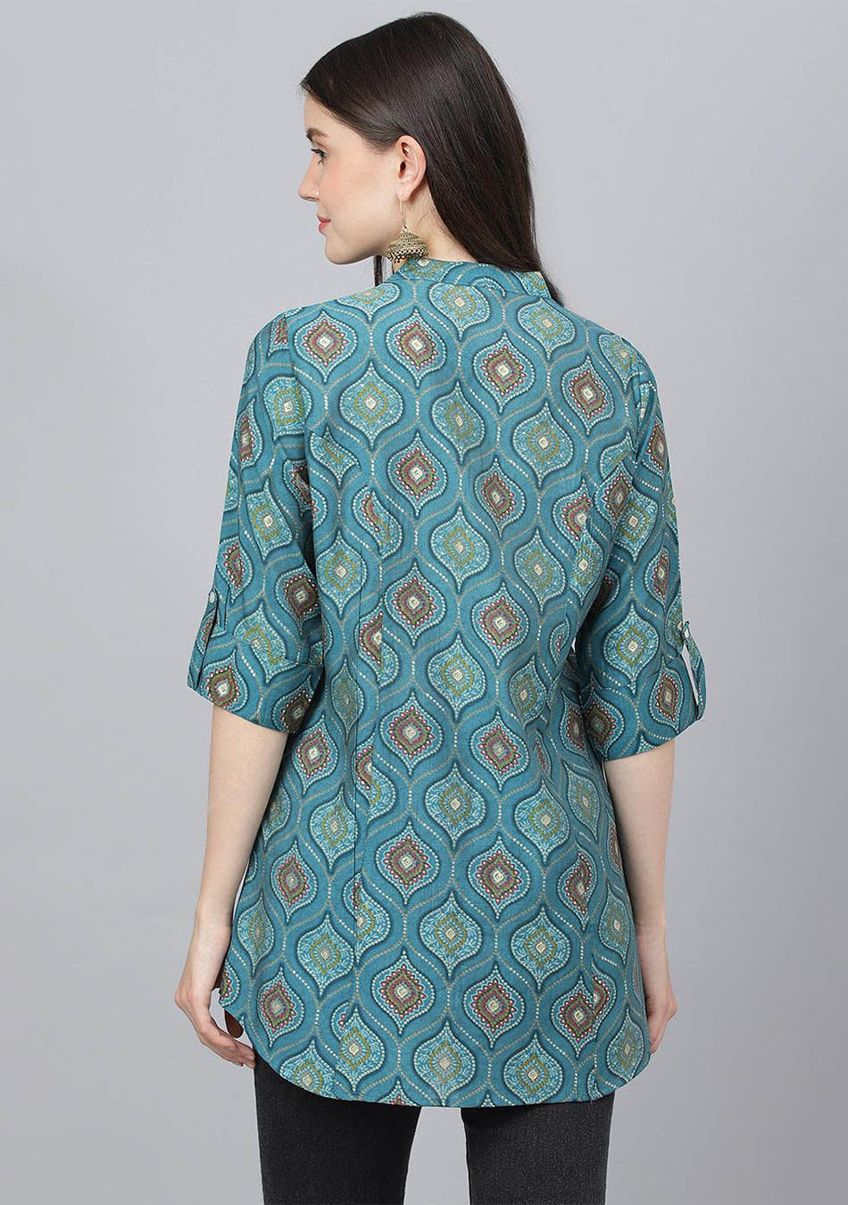 Teal Blue Motif Printed Modal A-Line Shirts Style Top