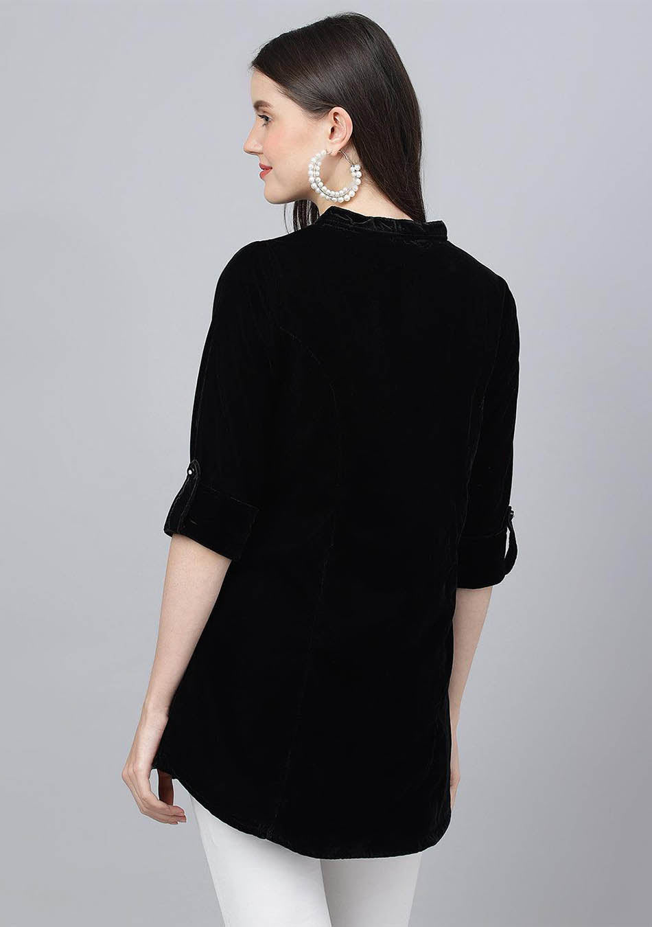 Black Solid Velvet A-line Shirts Style Top