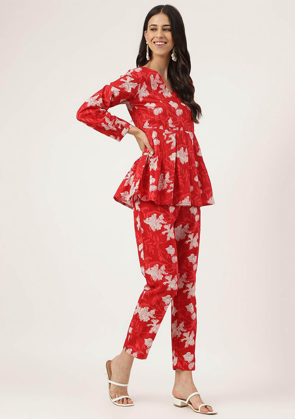 Red Cotton Peplum Top Pant Co-ords Set