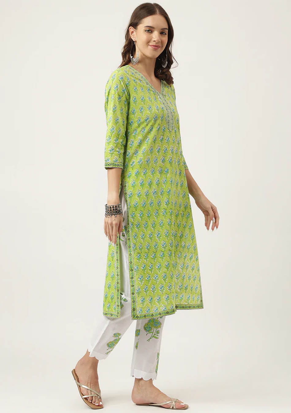 Green Handblock Floral Printed Kurta Trouser & Kota Doria Dupatta Set