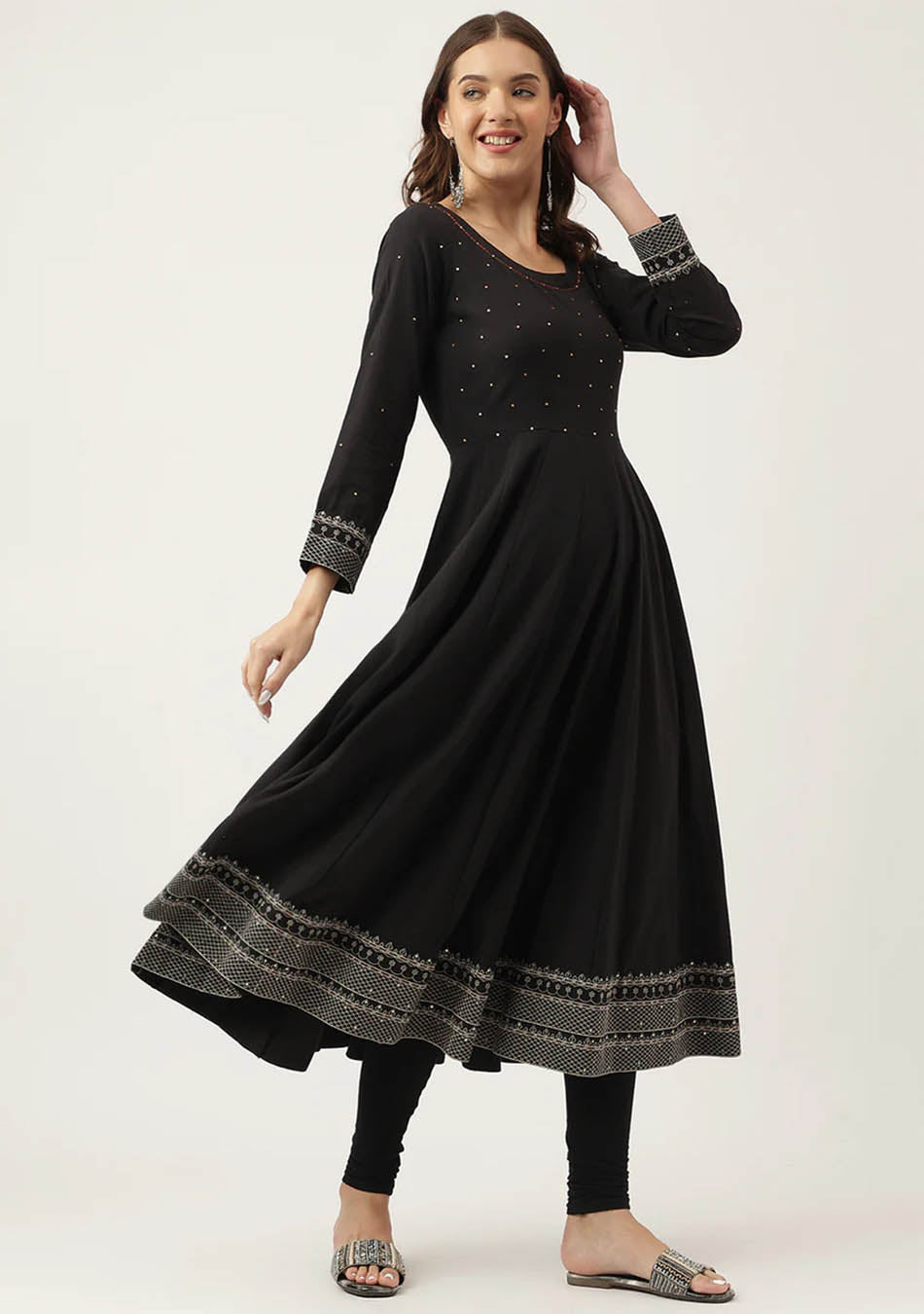 Black Embroidered Cotton Anarkali Kurta