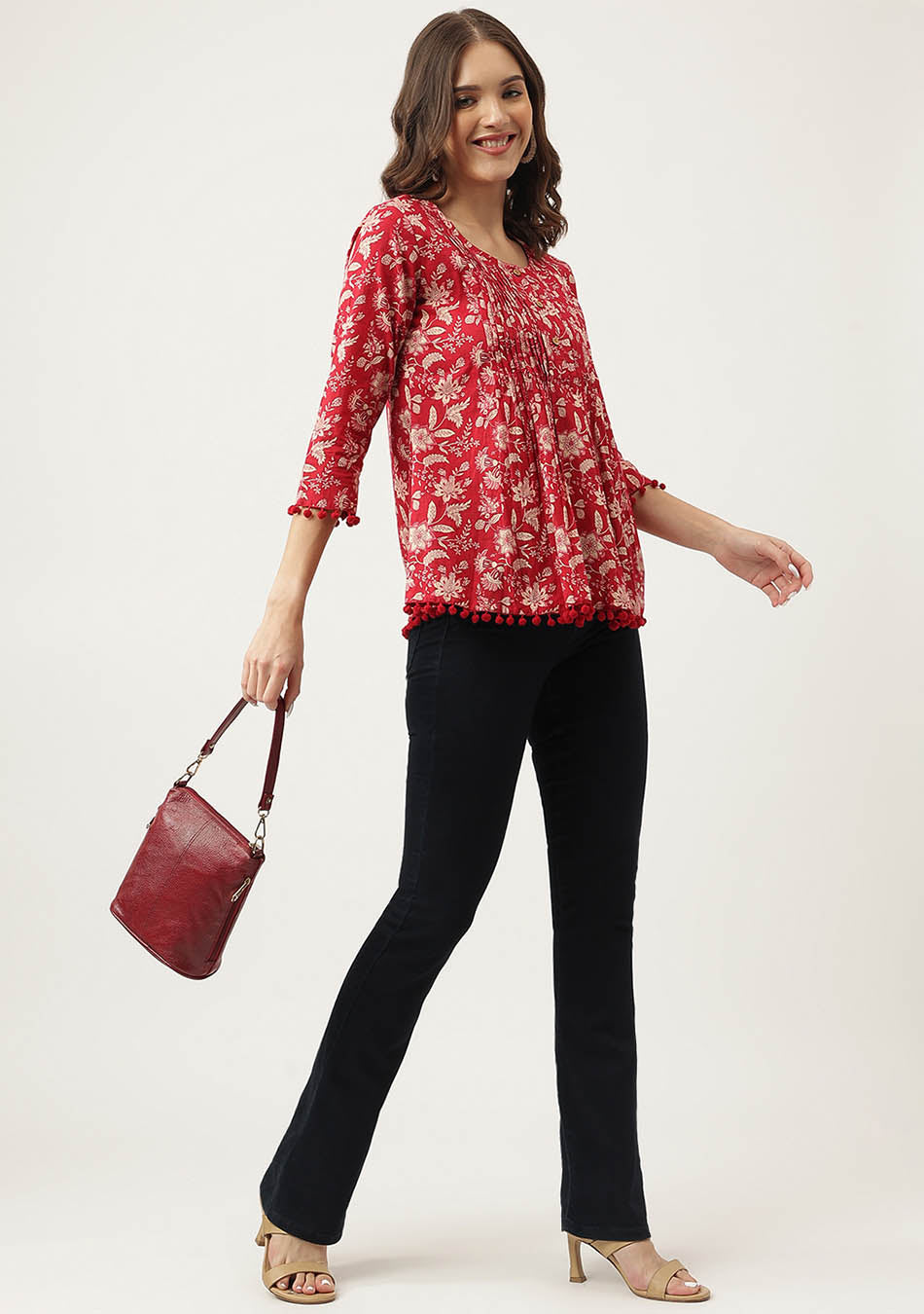 Red Floral Printed Cotton Peplum Top
