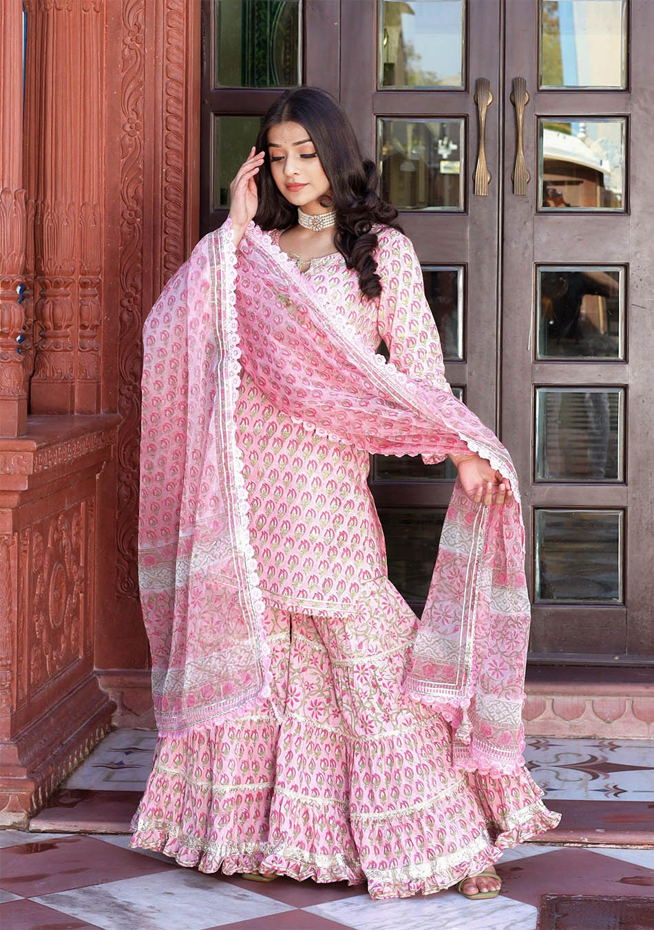Pink Floral Hand Block Printed Kurta Sharara Set with Dupatta