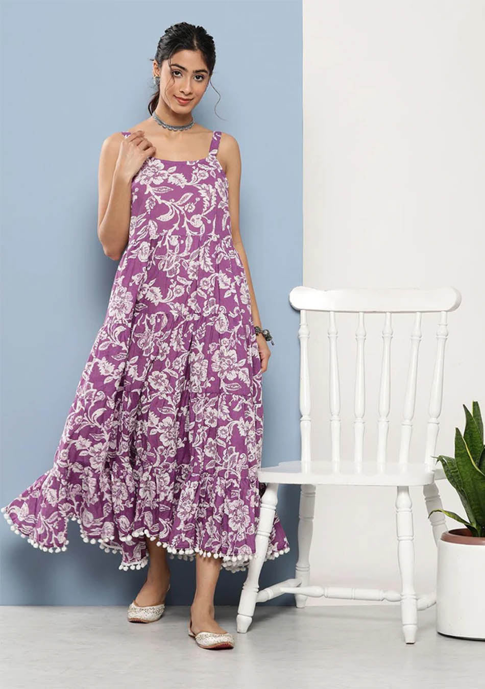 Purple Floral Shoulder Strip Long Dress