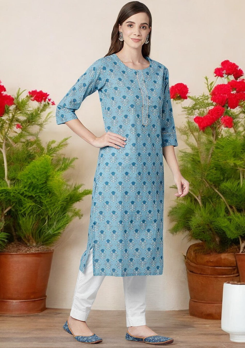Sky blue Floral Straight Kurta
