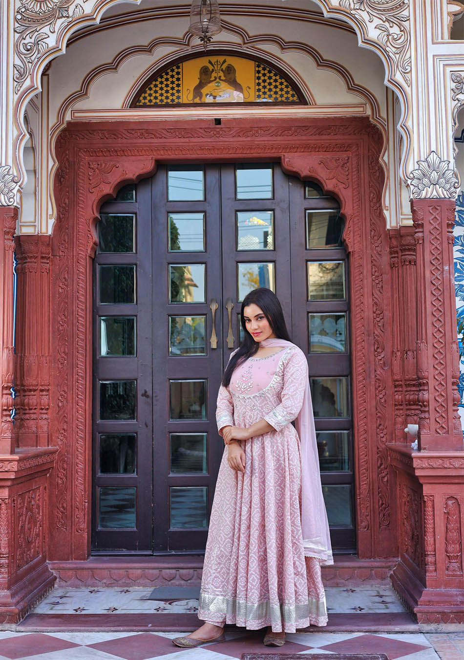 Light Pink Cotton Anarkali Kurta Pant Set with Net Dupatta