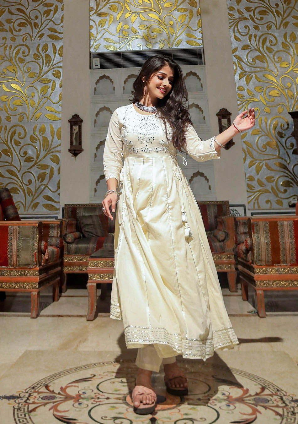 Off White Cotton Anarkali kurta Pant Set