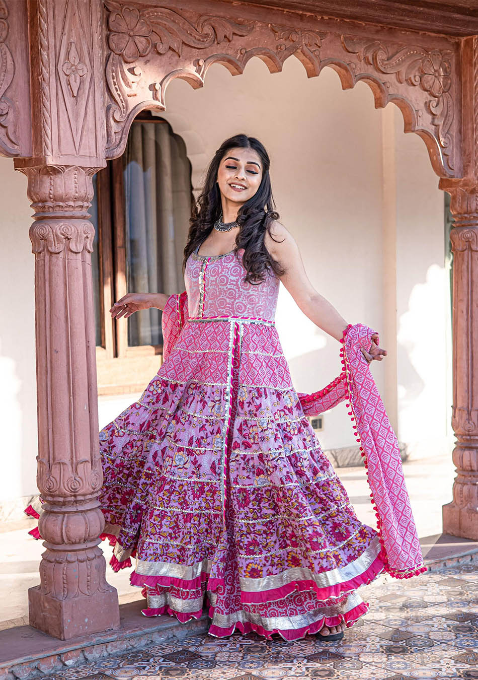 Pink Cotton Sleeve less Anarkali Sharara Set With Dupatta