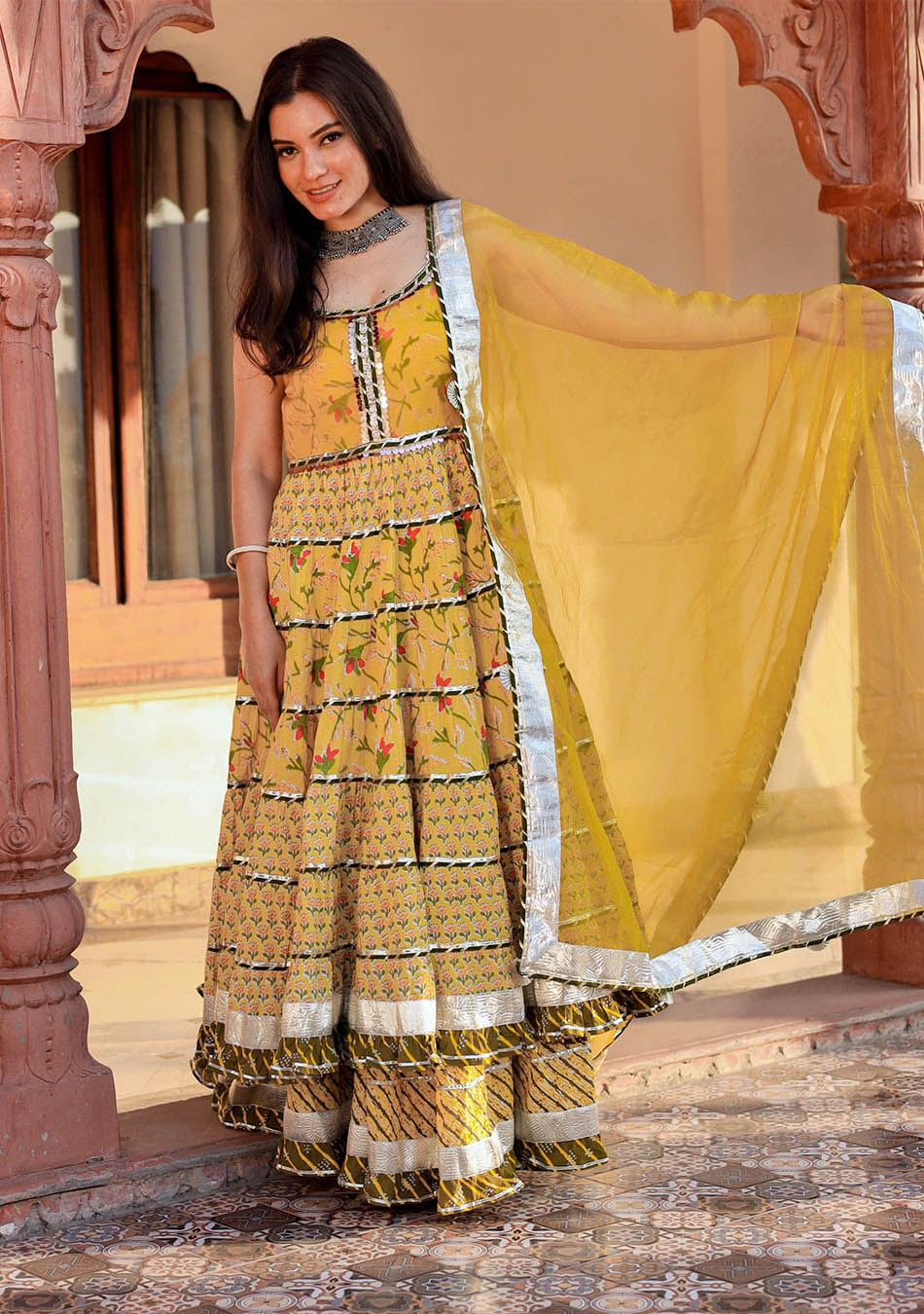 Yellow Cotton Sleeves Less Anarkali Skirt Set With Dupatta