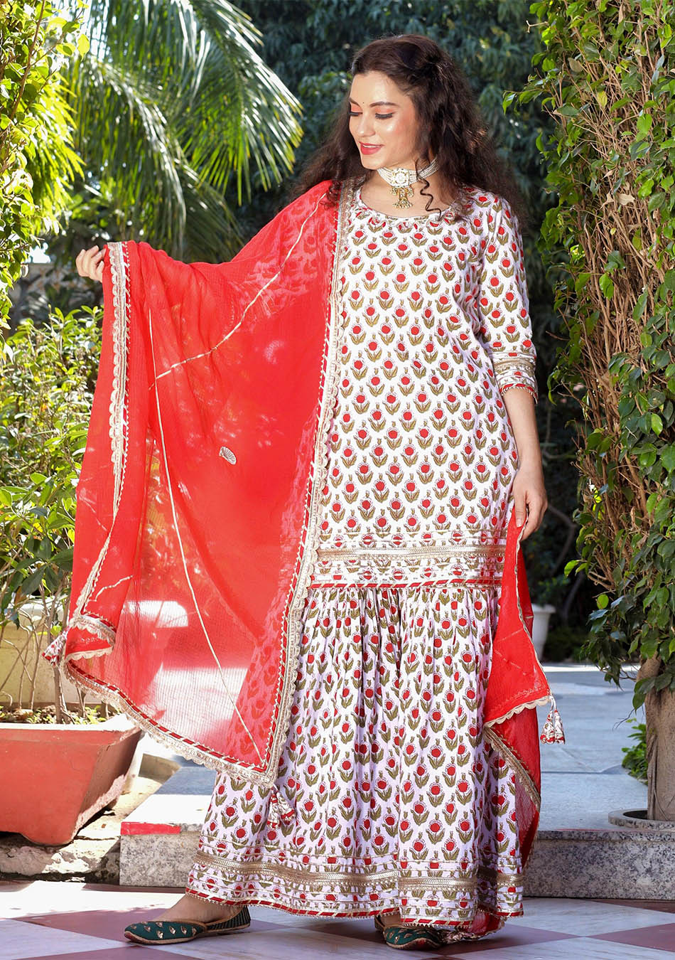 Red & White Cotton Dabu Printed Kurta Sharara Set with Kota Doria Dupatta