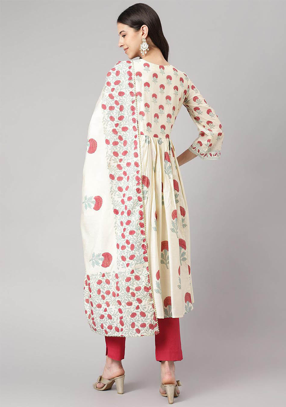 Cream Chanderi Floral Anarkali Kurta Pant Set with Dupatta