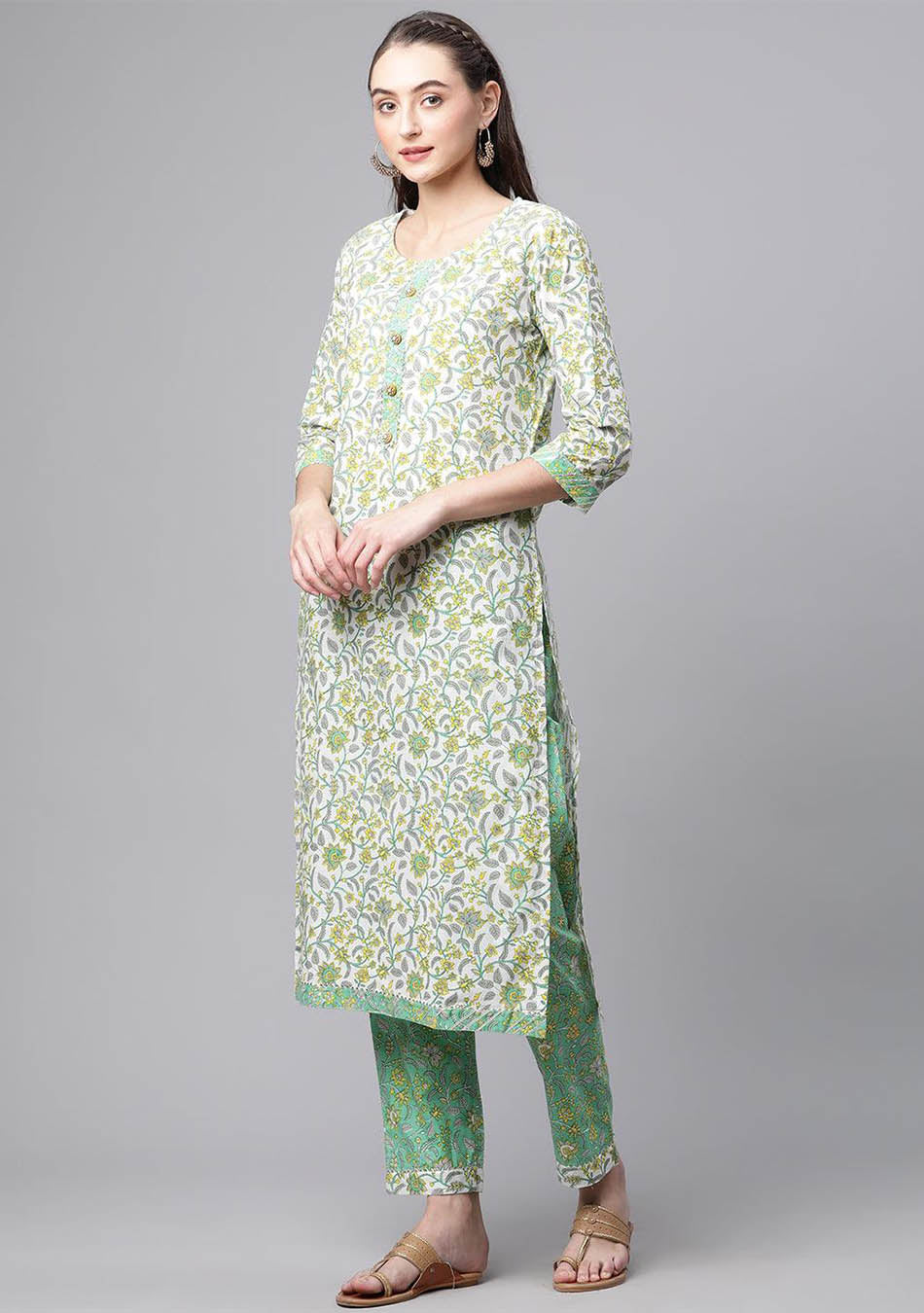White & Green Floral Print Kurta Pant Set with Dupatta