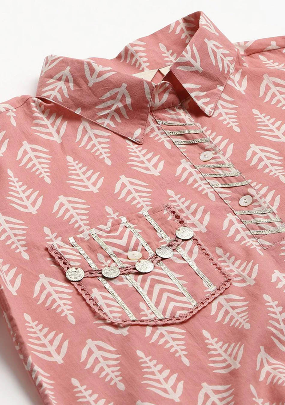 Pink Cotton Shirt Style Kurta Hem Cuffed Pant Co-ord Set