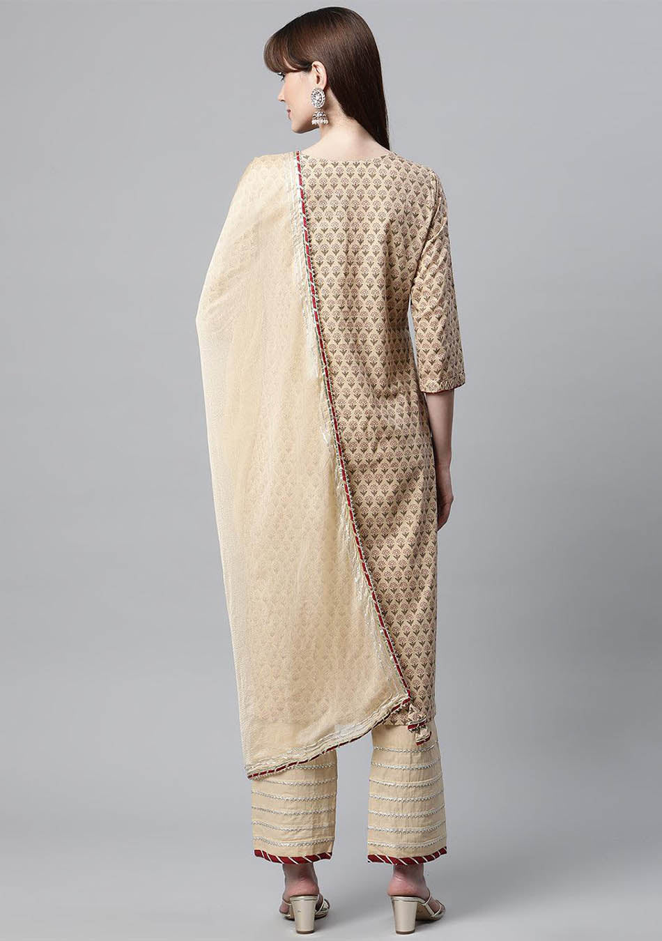 Beige Color Cotton Straight Kurta Pant Set with Dupatta