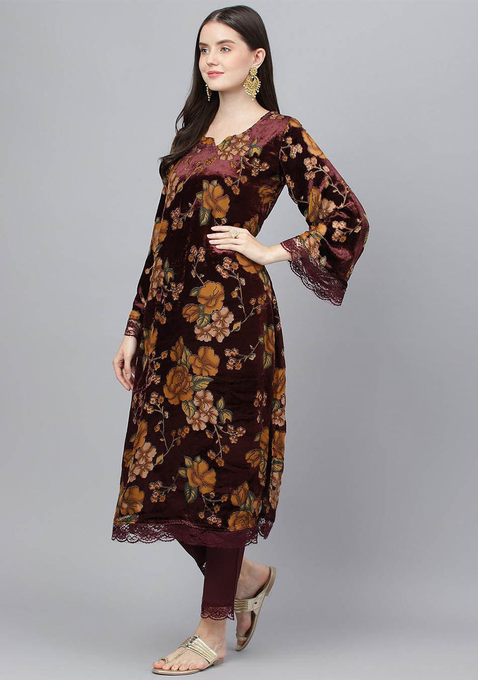 Floral Burn Out Velvet Kurta and Pant Set in Wine with Organza Dupatta