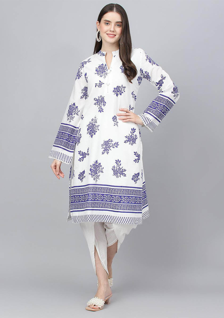 White Floral Printed Straight Kurta With Tulip Pant