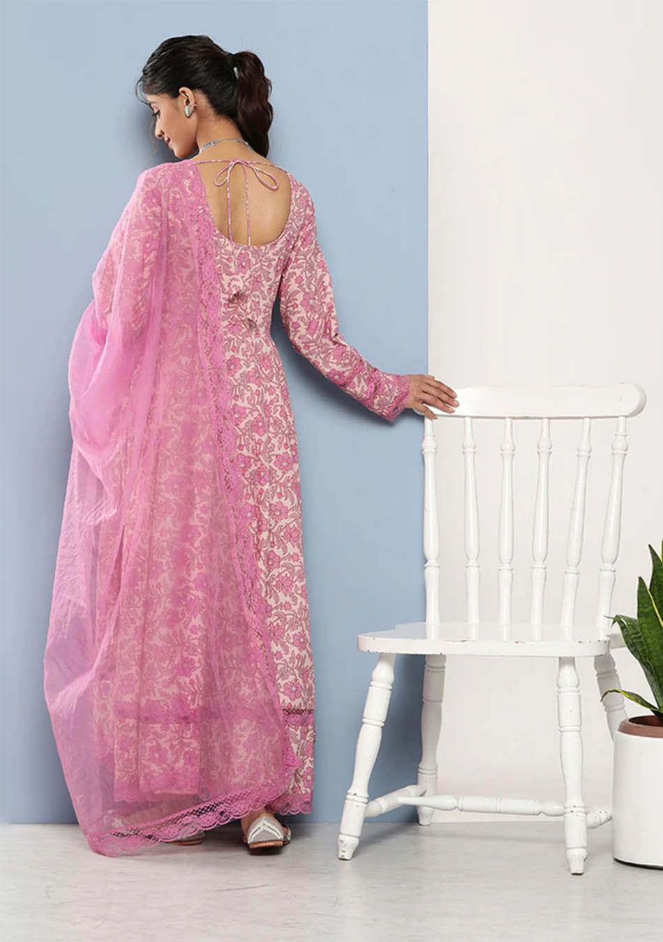 Lilac Floral Printed Anarkali Kurta Pant set with Dupatta