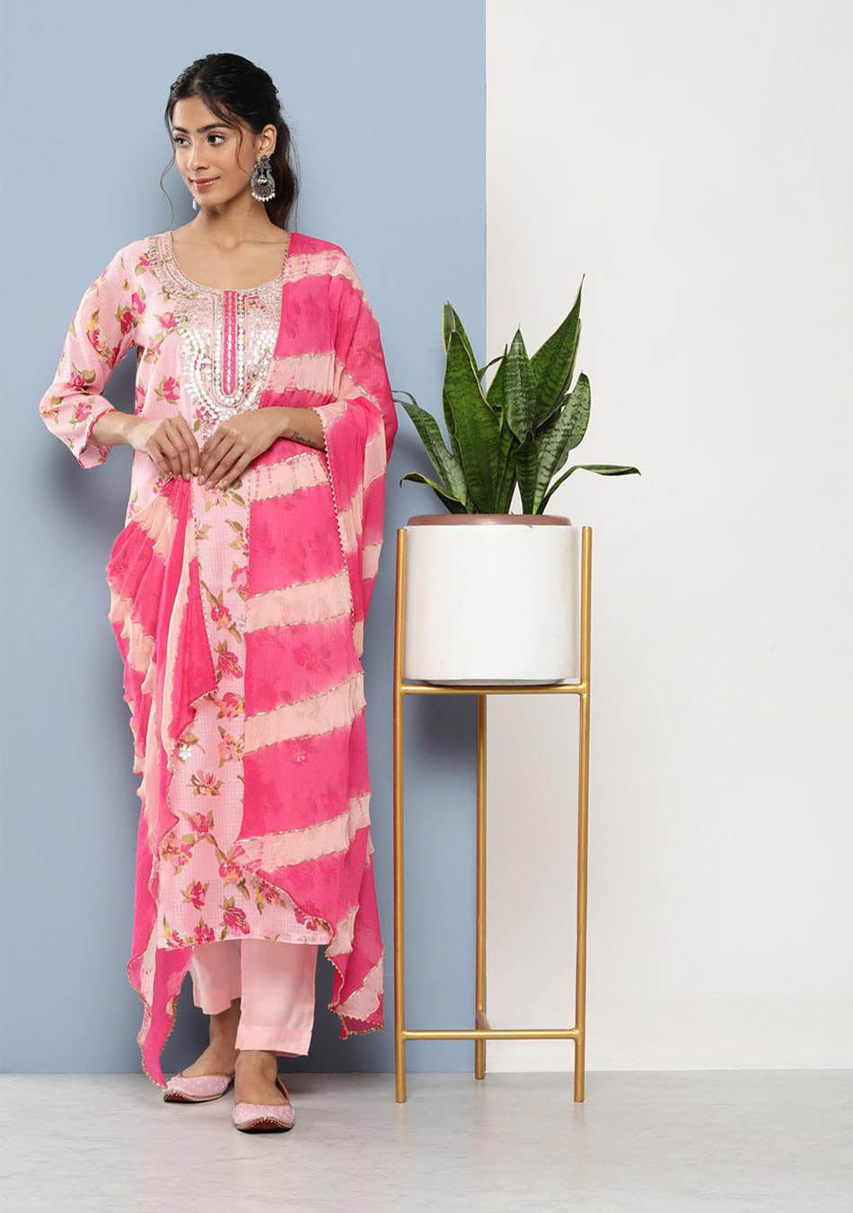 Pink Kota Doria Floral Printed Kurta Pant Dupatta Set