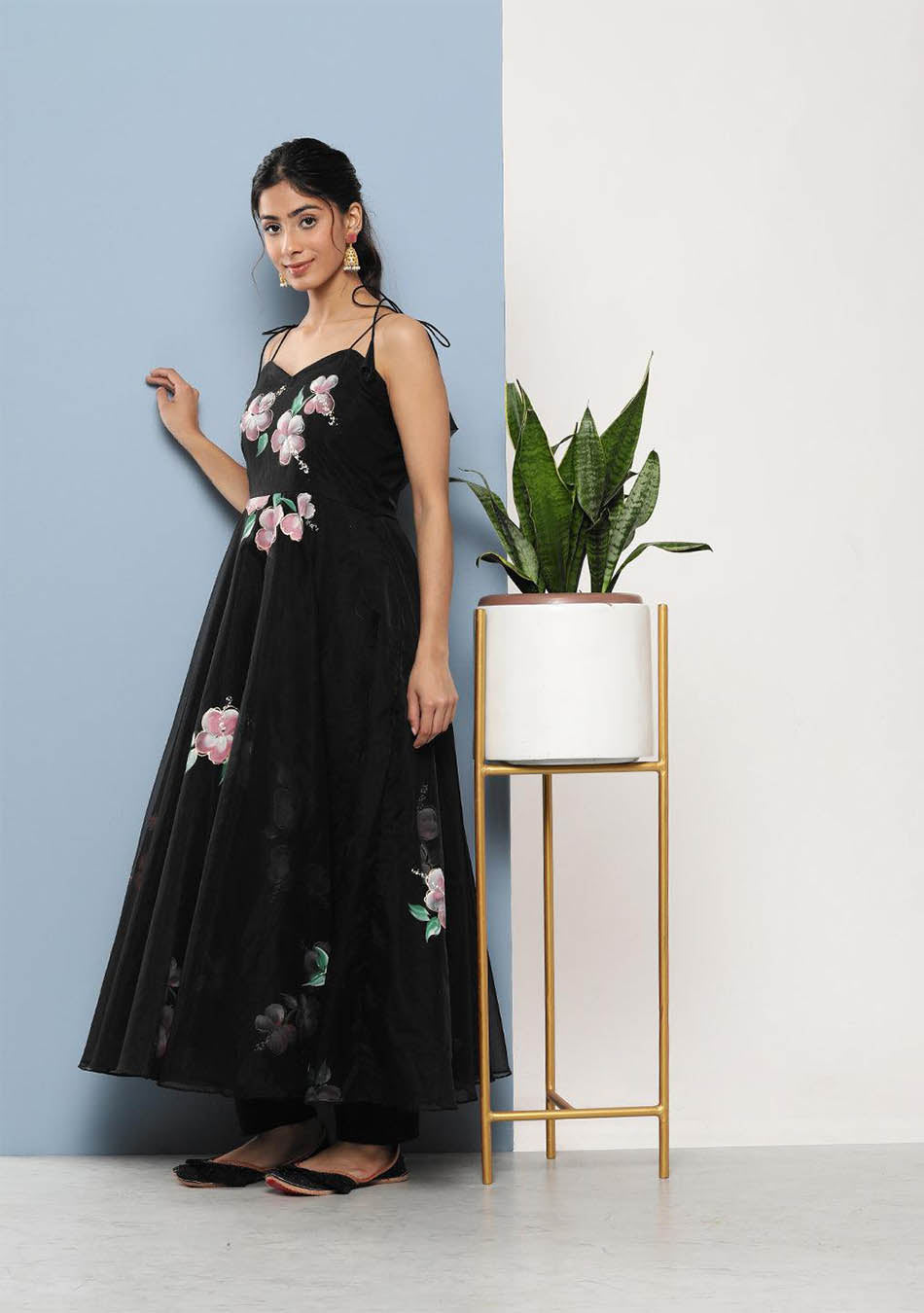 Black Hand Painted Floral Organza Anarkali Kurta Pant Set with Dupatta